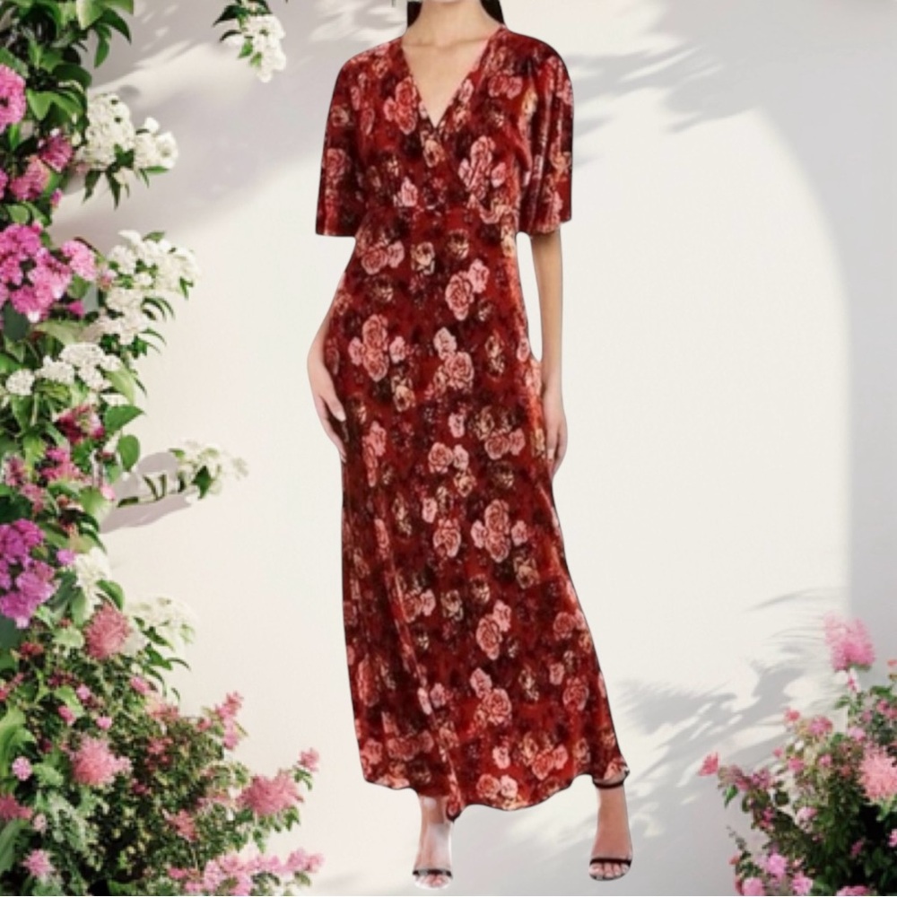 Johnny Was Alanis Red Floral Short Sleeve Red Black Pink Maxi Dress